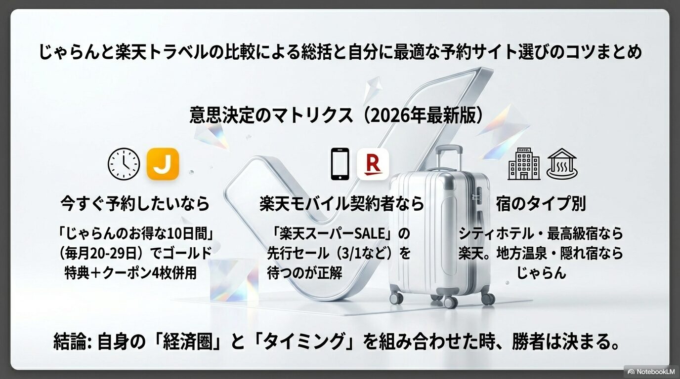 じゃらんと楽天トラベルの比較による総括と自分に最適な予約サイト選びのコツまとめ