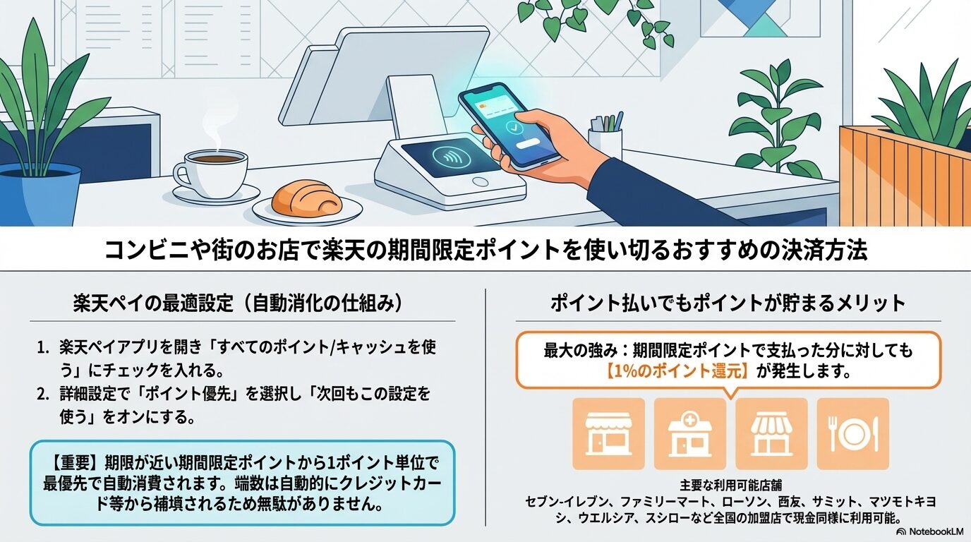 コンビニや街のお店で楽天の期間限定ポイントを使い切るおすすめの決済方法