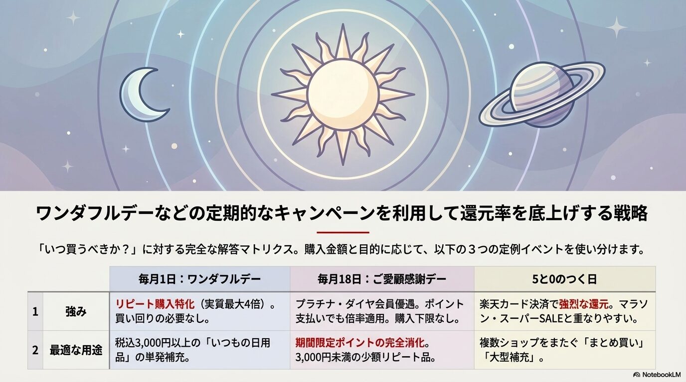 ワンダフルデーなどの定期的なキャンペーンを利用して還元率を底上げする戦略