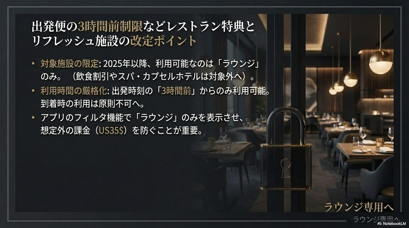 出発便の3時間前制限などレストラン特典とリフレッシュ施設の改定ポイント