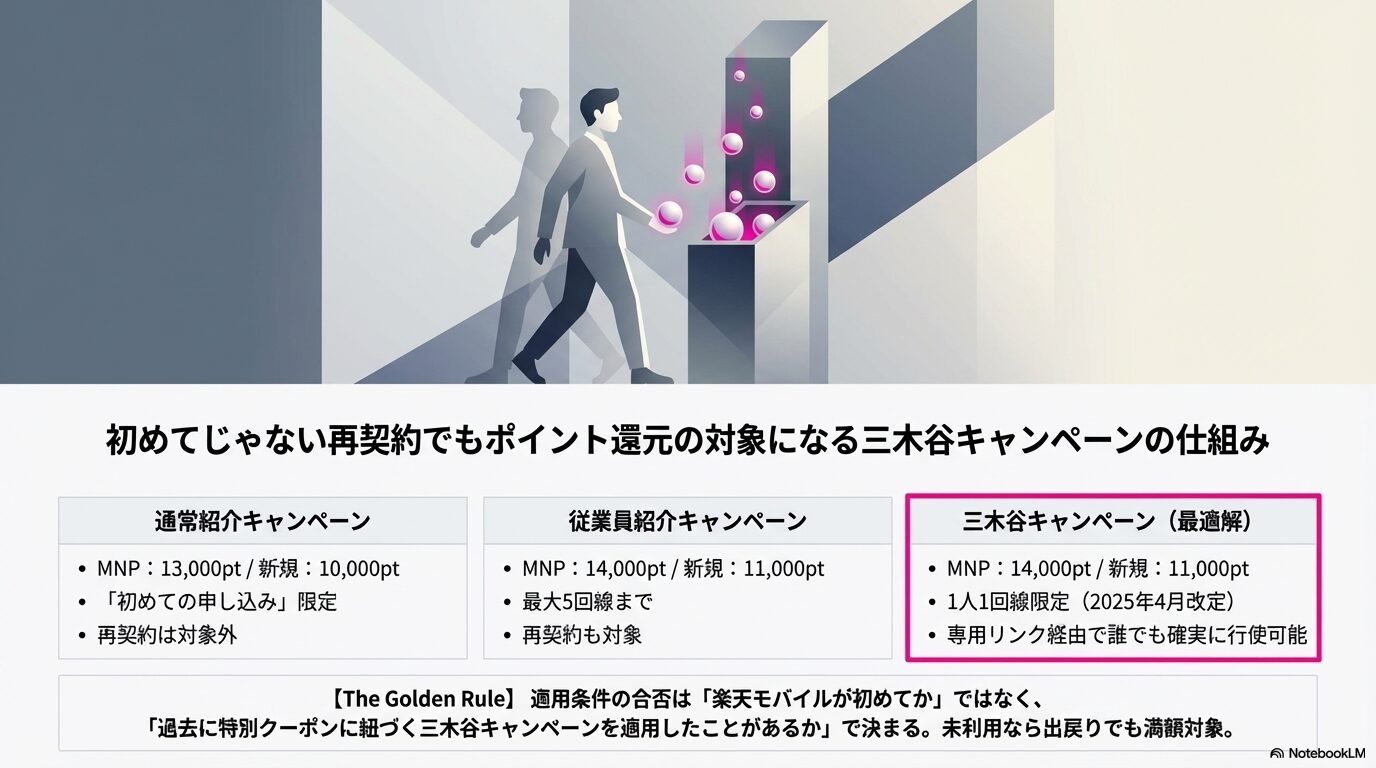 初めてじゃない再契約でもポイント還元の対象になる三木谷キャンペーンの仕組み