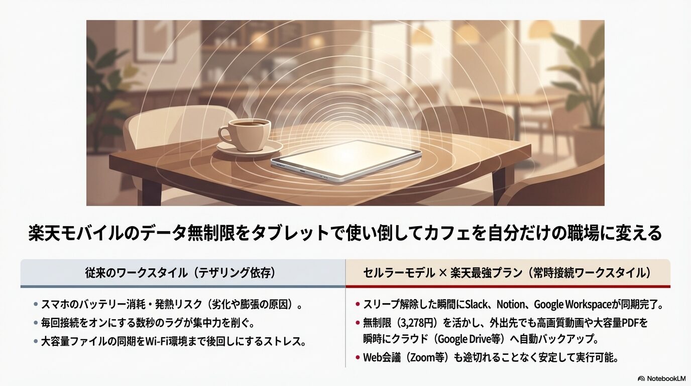 楽天モバイルのデータ無制限をタブレットで使い倒してカフェを自分だけの職場に変える