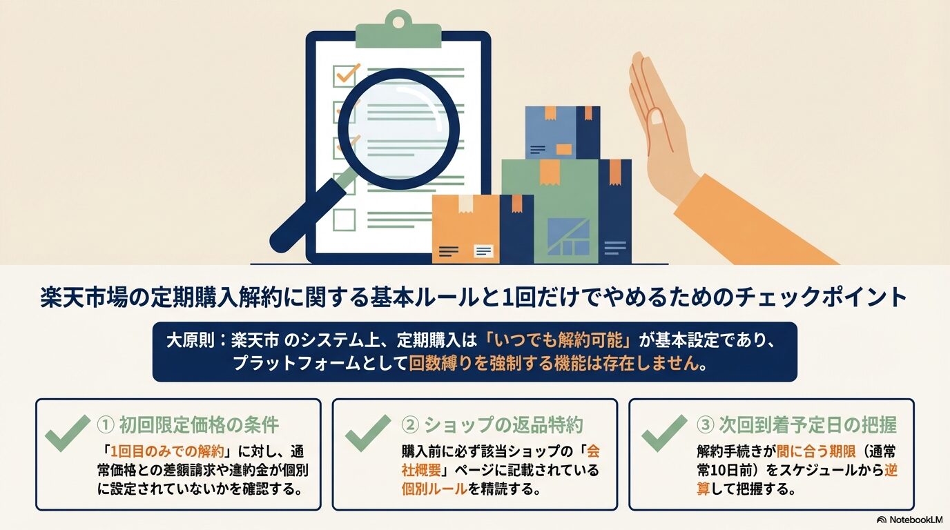 楽天市場の定期購入解約に関する基本ルールと1回だけでやめるためのチェックポイント