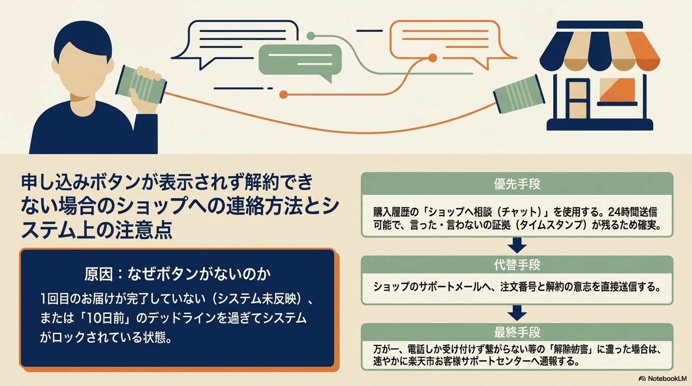 申し込みボタンが表示されず解約できない場合のショップへの連絡方法とシステム上の注意点