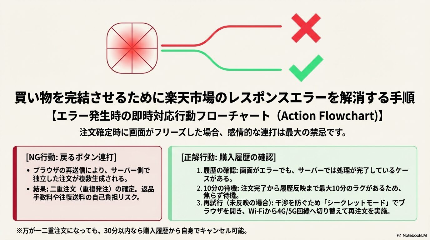 買い物を完結させるために楽天市場のレスポンスエラーを解消する手順