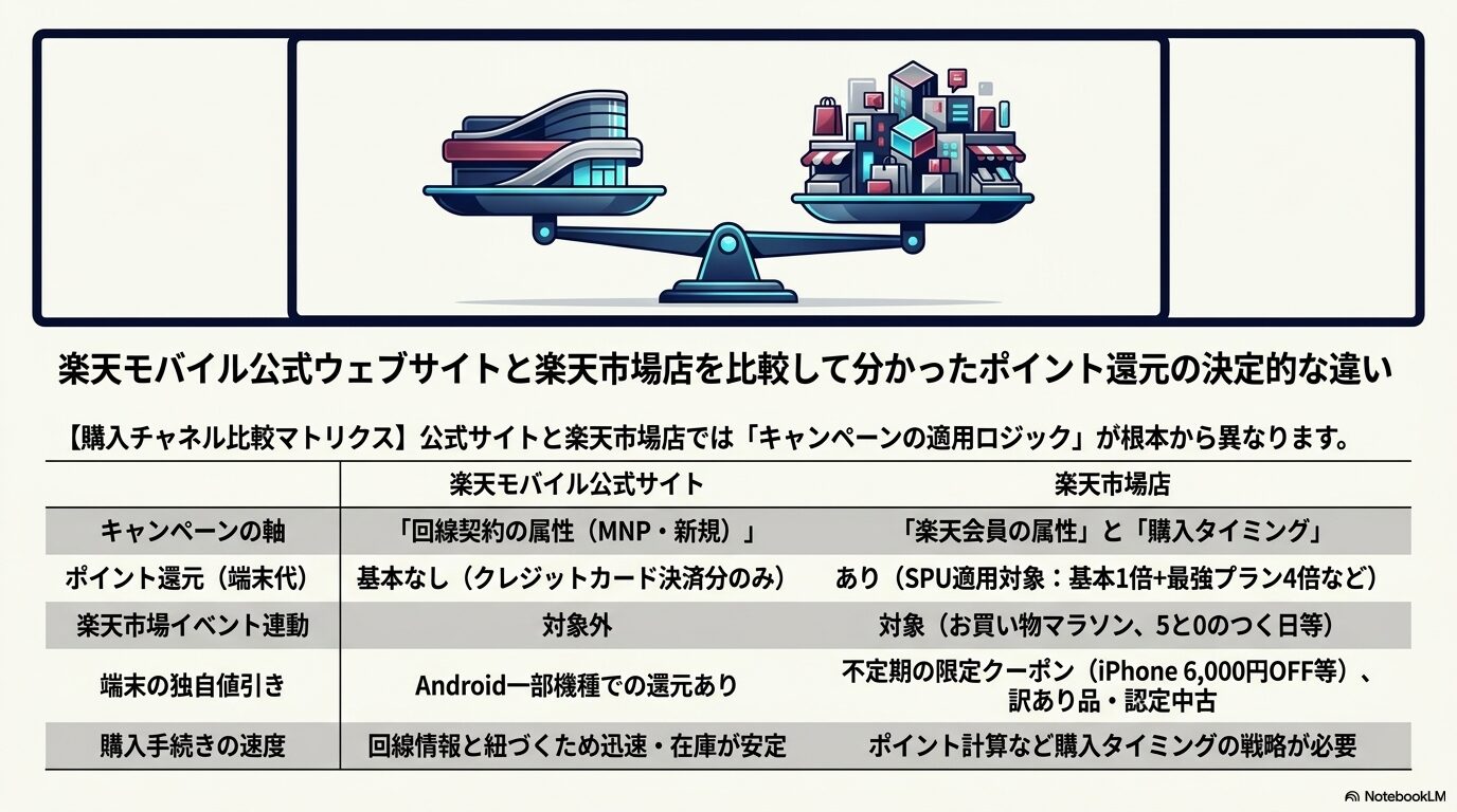 楽天モバイル公式ウェブサイトと楽天市場店を比較して分かったポイント還元の決定的な違い