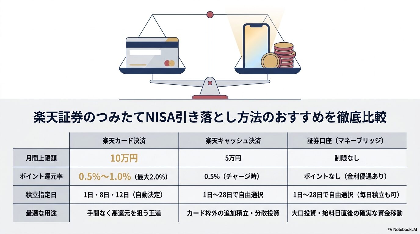 楽天証券のつみたてNISA引き落とし方法のおすすめを徹底比較