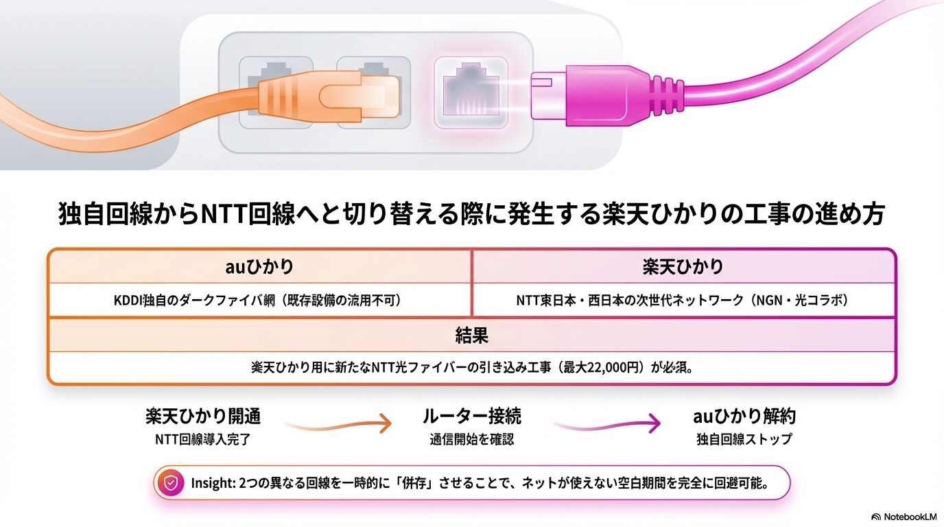 独自回線からNTT回線へと切り替える際に発生する楽天ひかりの工事の進め方