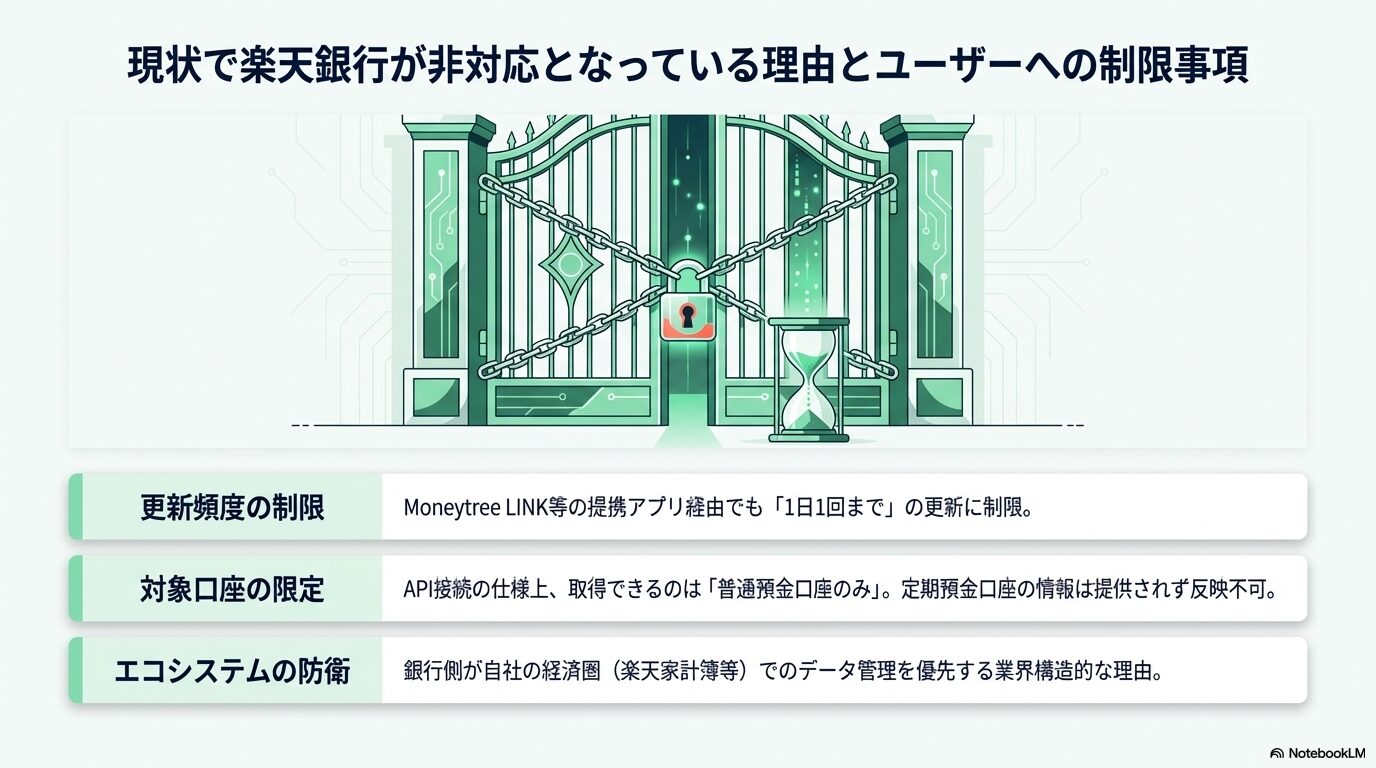 現状で楽天銀行が非対応となっている理由とユーザーへの制限事項