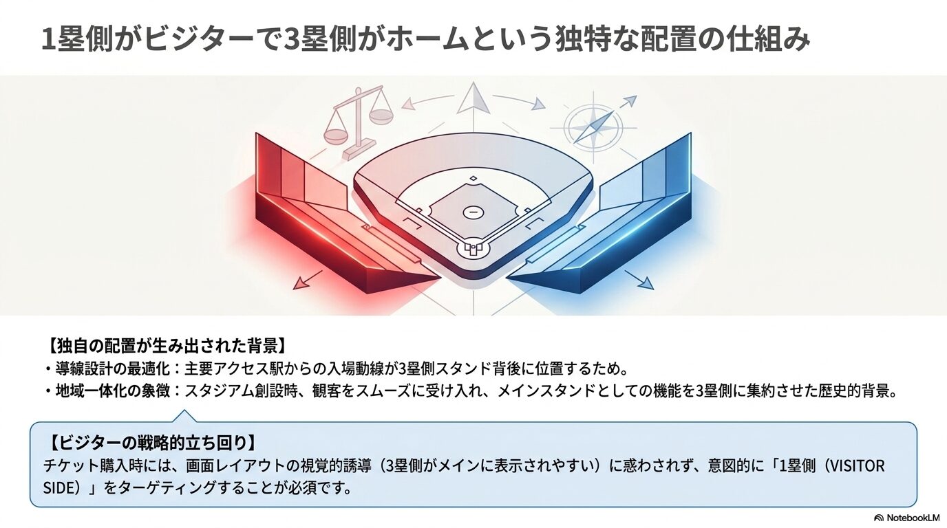 1塁側がビジターで3塁側がホームという独特な配置の仕組み