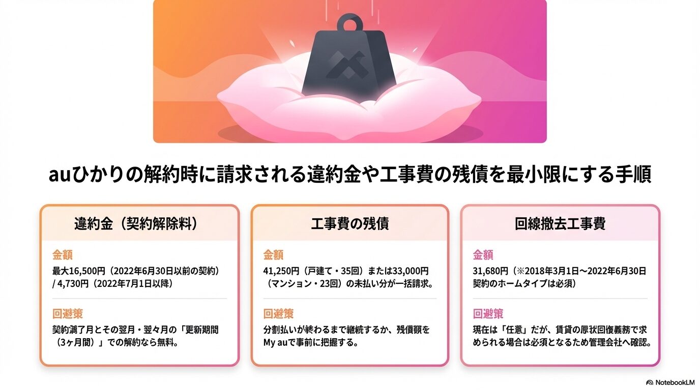 auひかりの解約時に請求される違約金や工事費の残債を最小限にする手順