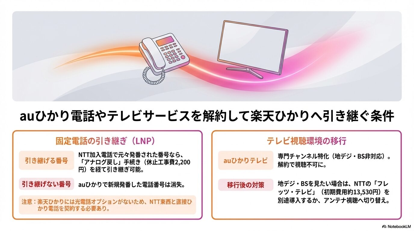 auひかり電話やテレビサービスを解約して楽天ひかりへ引き継ぐ条件