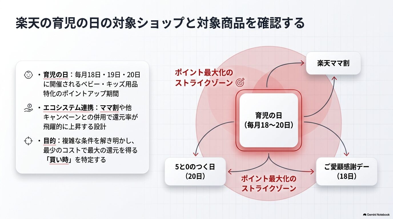 楽天の育児の日の対象ショップと対象商品を確認する