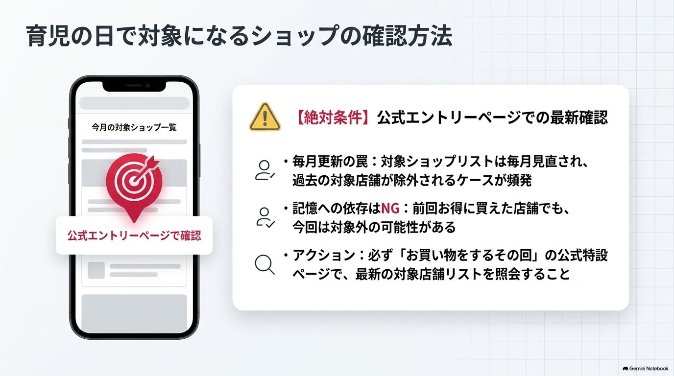 育児の日で対象になるショップの確認方法