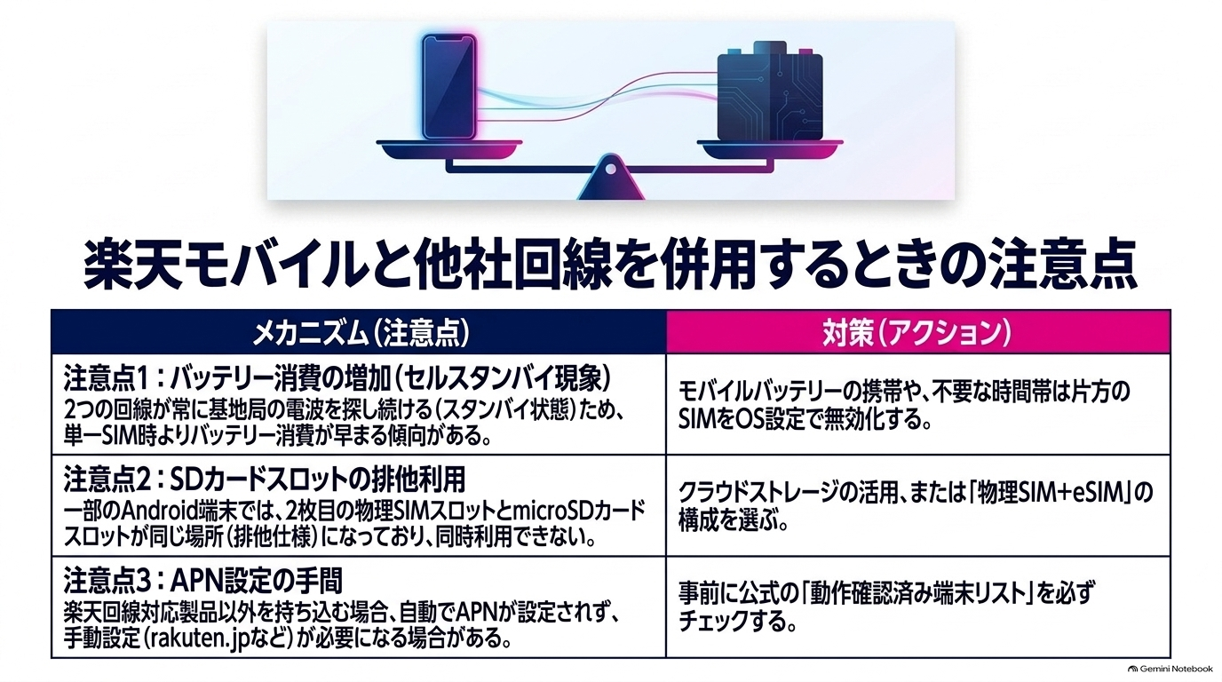 楽天モバイルと他社回線を併用するときの注意点