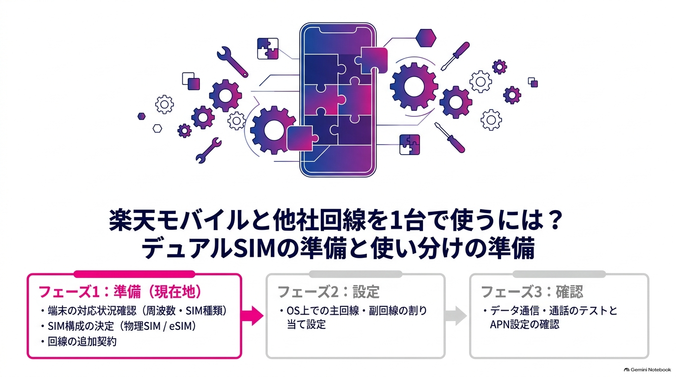 楽天モバイルと他社回線を1台で使うには?デュアルSIMの準備と使い分けの準備