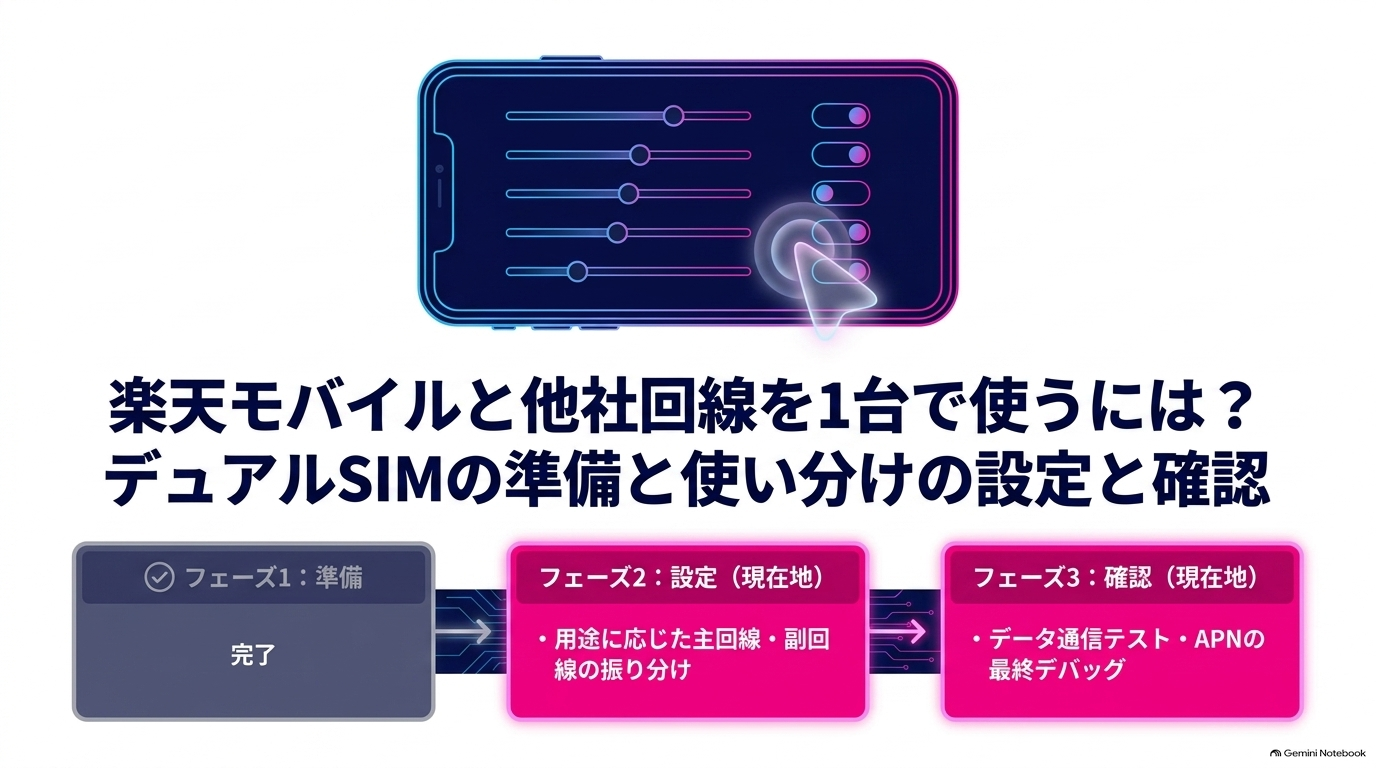 楽天モバイルと他社回線を1台で使うには?デュアルSIMの準備と使い分けの設定と確認