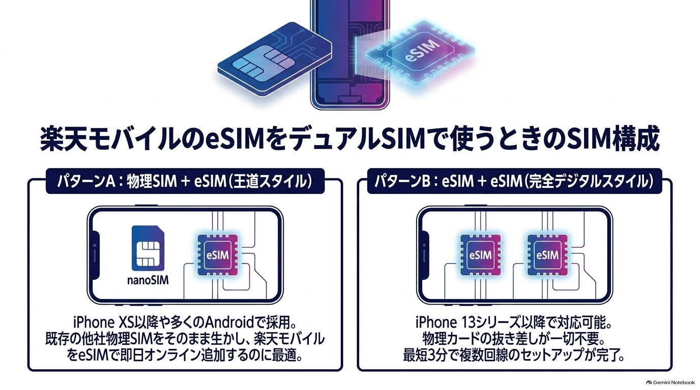 楽天モバイルのeSIMをデュアルSIMで使うときのSIM構成