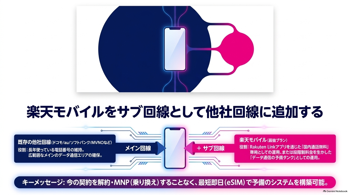 楽天モバイルをサブ回線として他社回線に追加する