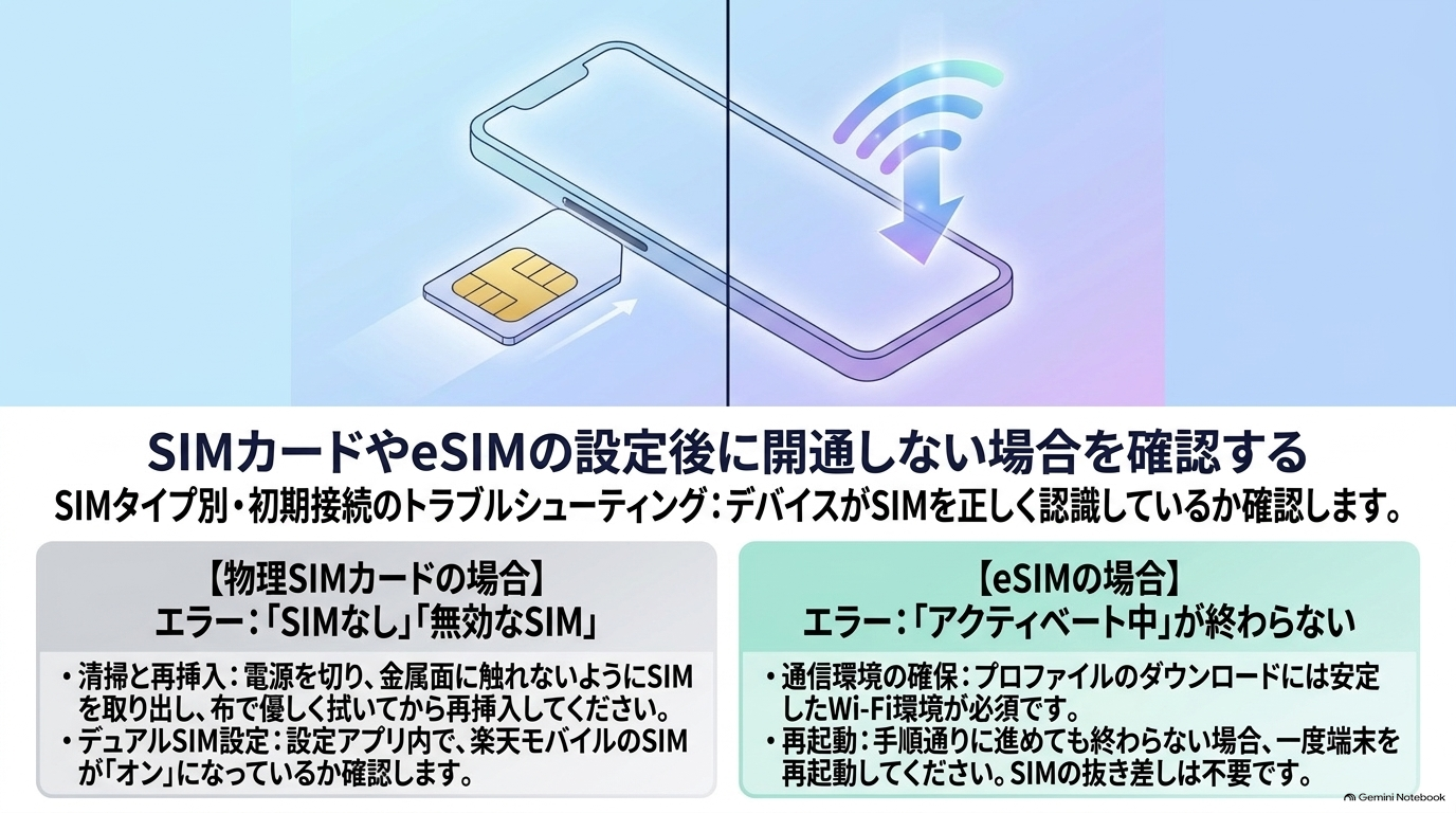 SIMカードやeSIMの設定後に開通しない場合を確認する